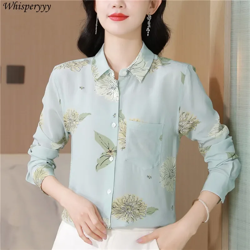 

Woman Shirt New Temperament Lean Green Spring Long Sleeve Lining Clothes Blusas Mujer Elegance Turndown Button Tops Femme