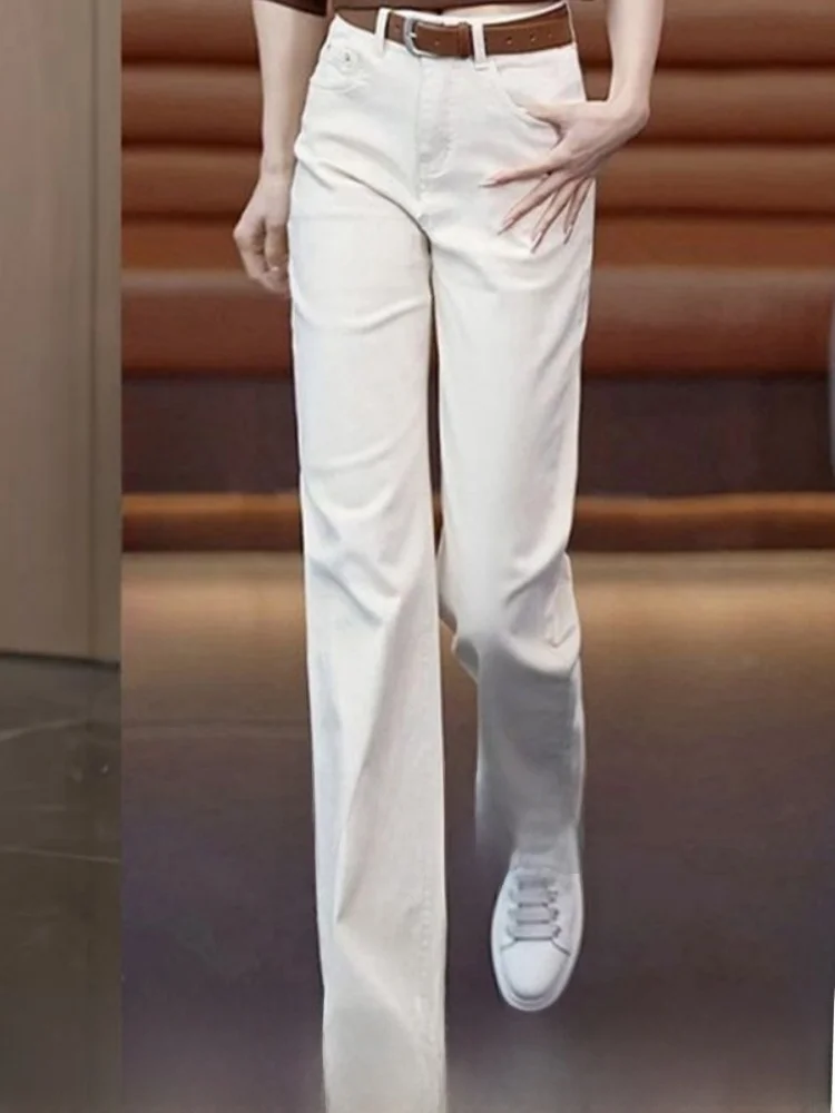 

Women's Soft Denim Straight Leg Pants High Waist Trousers Korean Style Pure Color Commute Wind with Pockets No Ironing Needed
