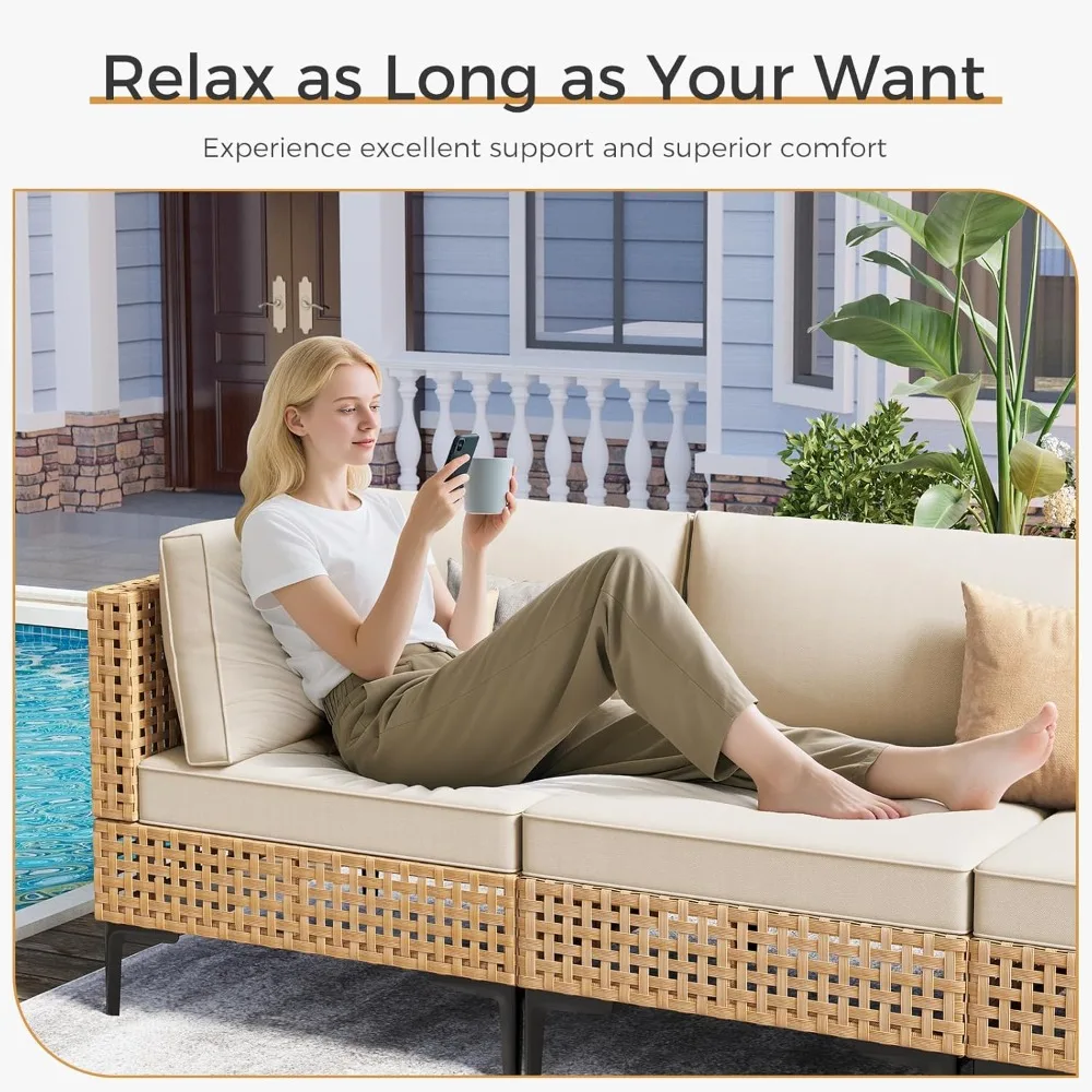 Large 7-Piece Outdoor Wicker Patio Furniture Set with Coffee Table, Boho Style Conversation Section