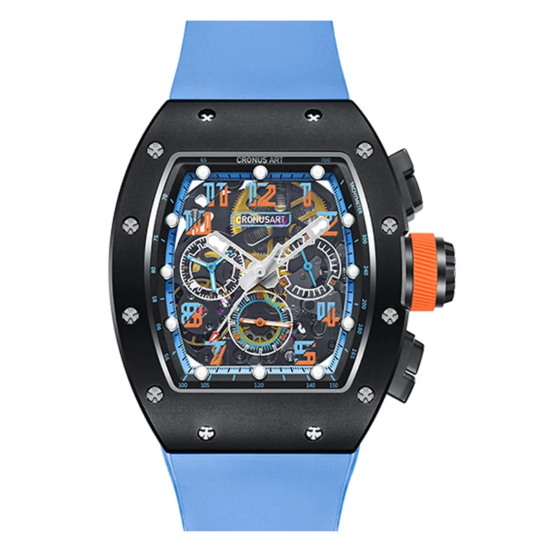 

CRONUSART Men Automatic Watch Chronograph Luxury Tonneau Mechanical Wristwatch Skeleton Dial Luminous Fluororubber Strap