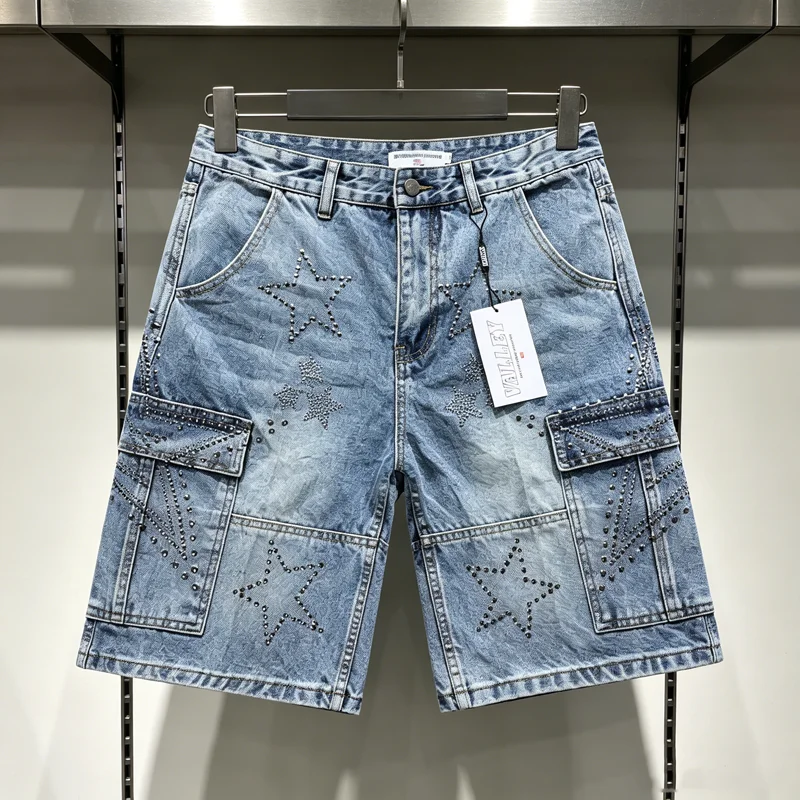 

2026 VALLEY Embroidery Star Diamond Short Jeans Jorts Men Women American Streetwear Blue Black Loose Straight Denim Shorts Pants