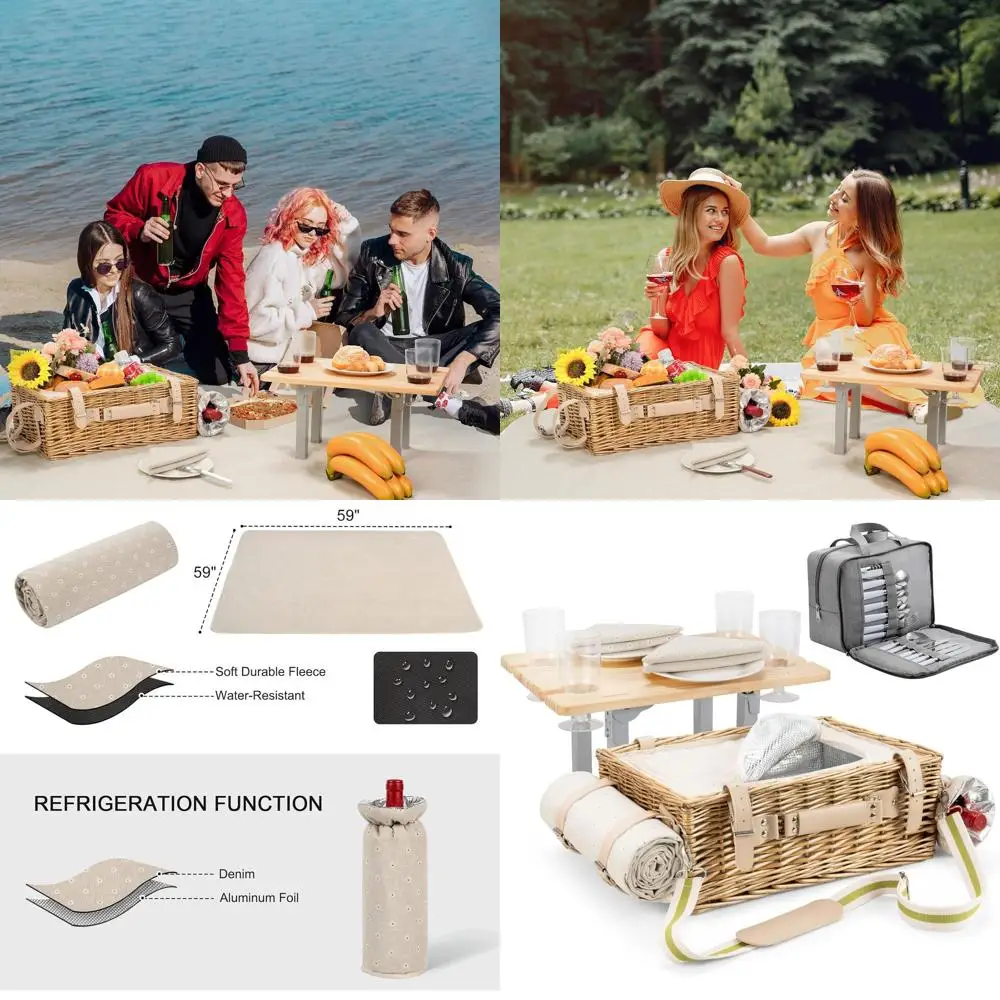 

4-Person Willow Picnic Basket Set with Detachable Table, Insulated Cooler, Tableware Bag, and Waterproof Blanket - White Sunflow
