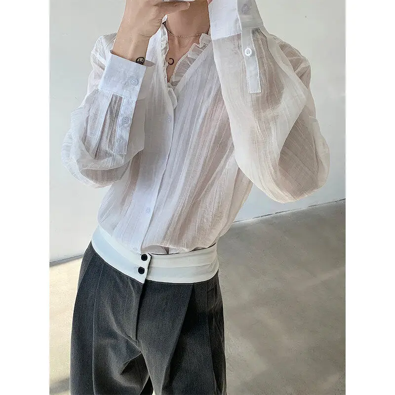 

TANGZ Studio Men's Loose Casual Long Sve irt V-Ne Stripe Texture Lace Faion Urban Polyester Spring Breathable