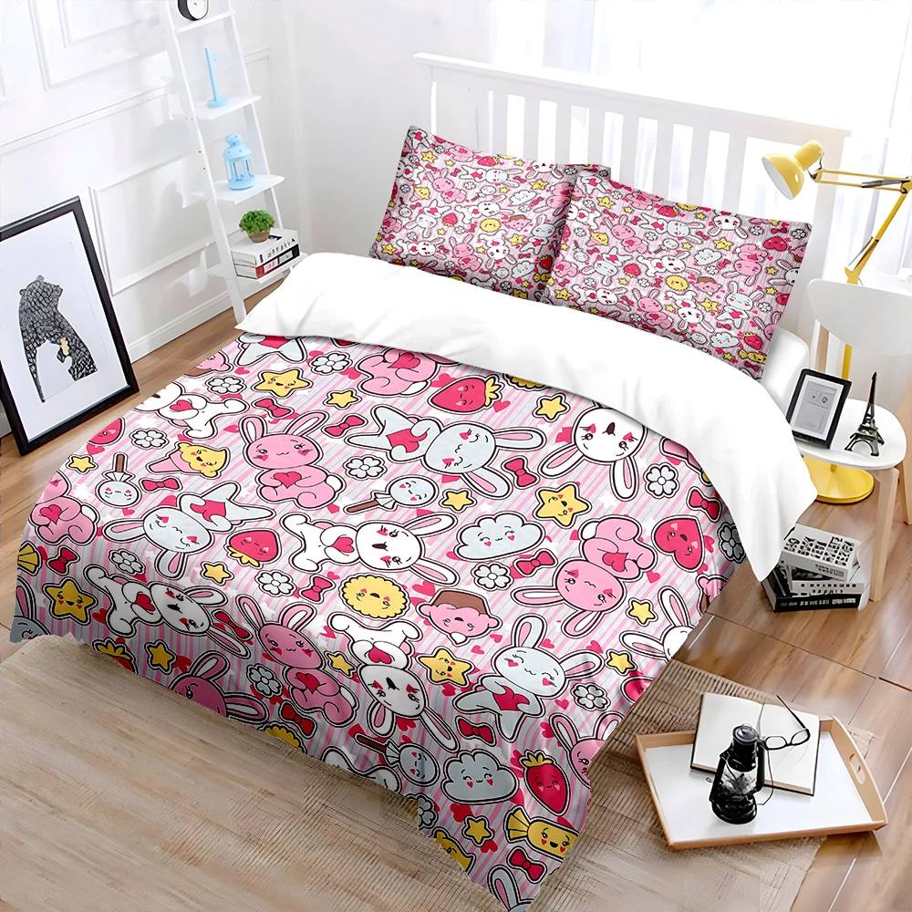 Cartoon bunnies and dessert pattern Bedding Set for Kids Luxury Gift 3pc Digital Print Comforter Set Soft Comfortable Breathable