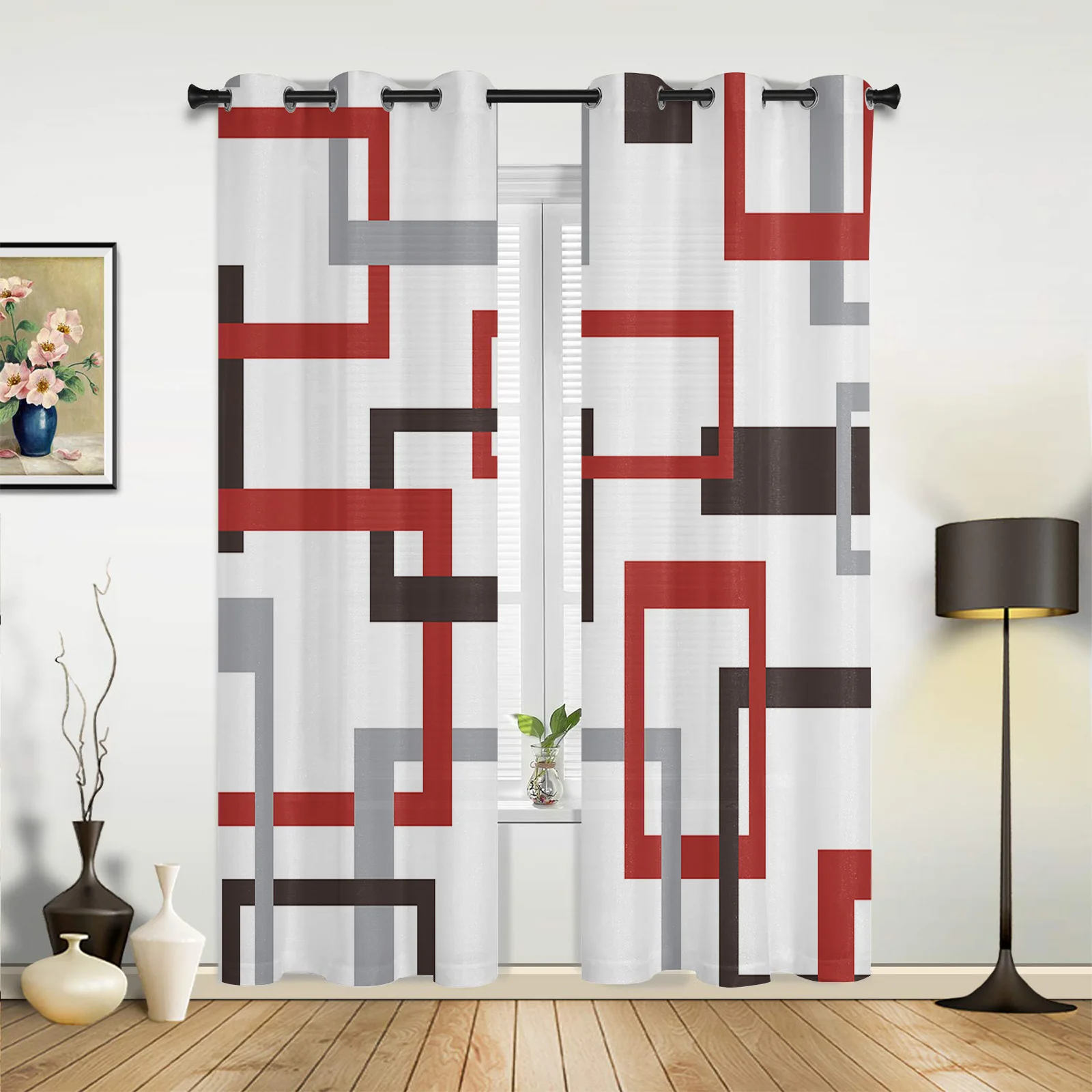 

Mid Century Modern Abstract Geometric Red White Curtains for Bedroom Living Room Drapes Kitchen Window Curtain Home Decor