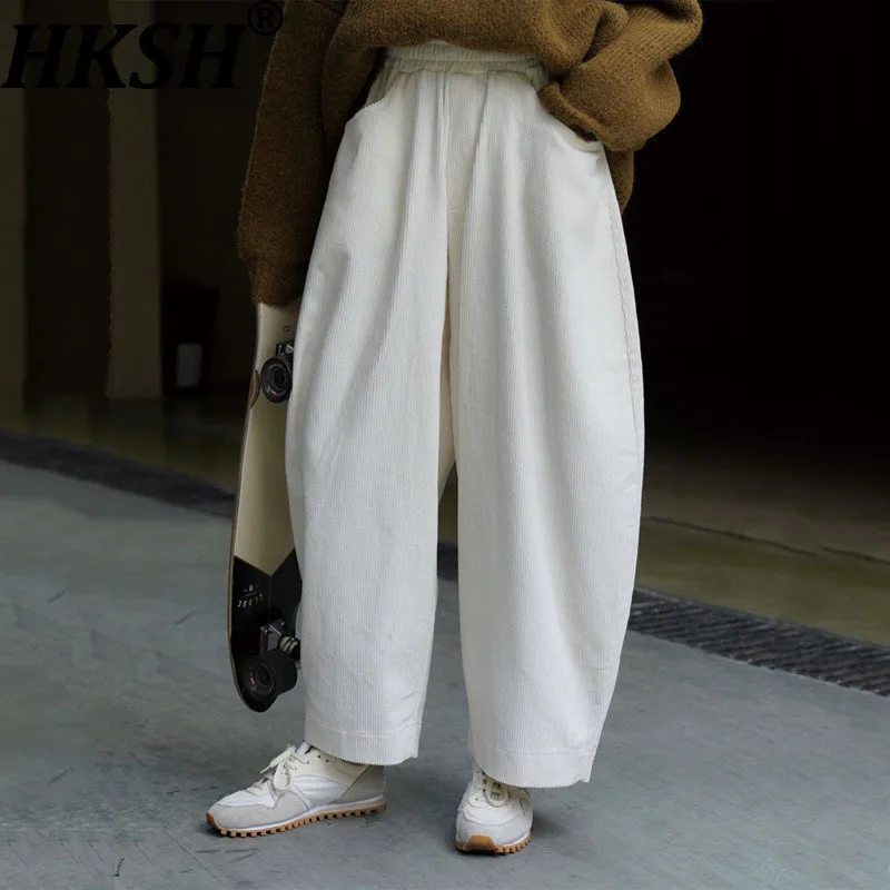 

HKSH Autumn Winter New Women Corduroy Pants Trend Casual Vintage Punk Solid Wide-Leg Elastic Waist Loose Fashion Bottoms HK12783