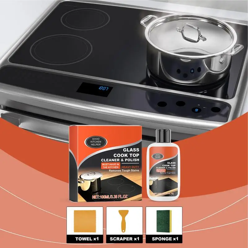 Stove Cleaning Kit Heavy Duty Cooktop Cleaner Non-Scratch Cleaning Kit Stove Polish Powerful Ceramic Non-Abrasive Kitchen