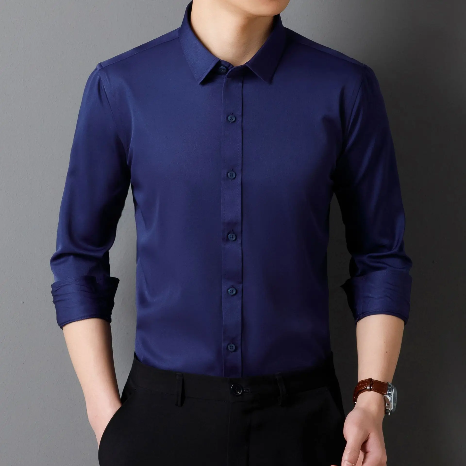 Chemise artificiel astique à Quatre Côtés pour Homme, Sans Fer, Coupe Slim, Couleur Unie, Sans Poche, Printemps