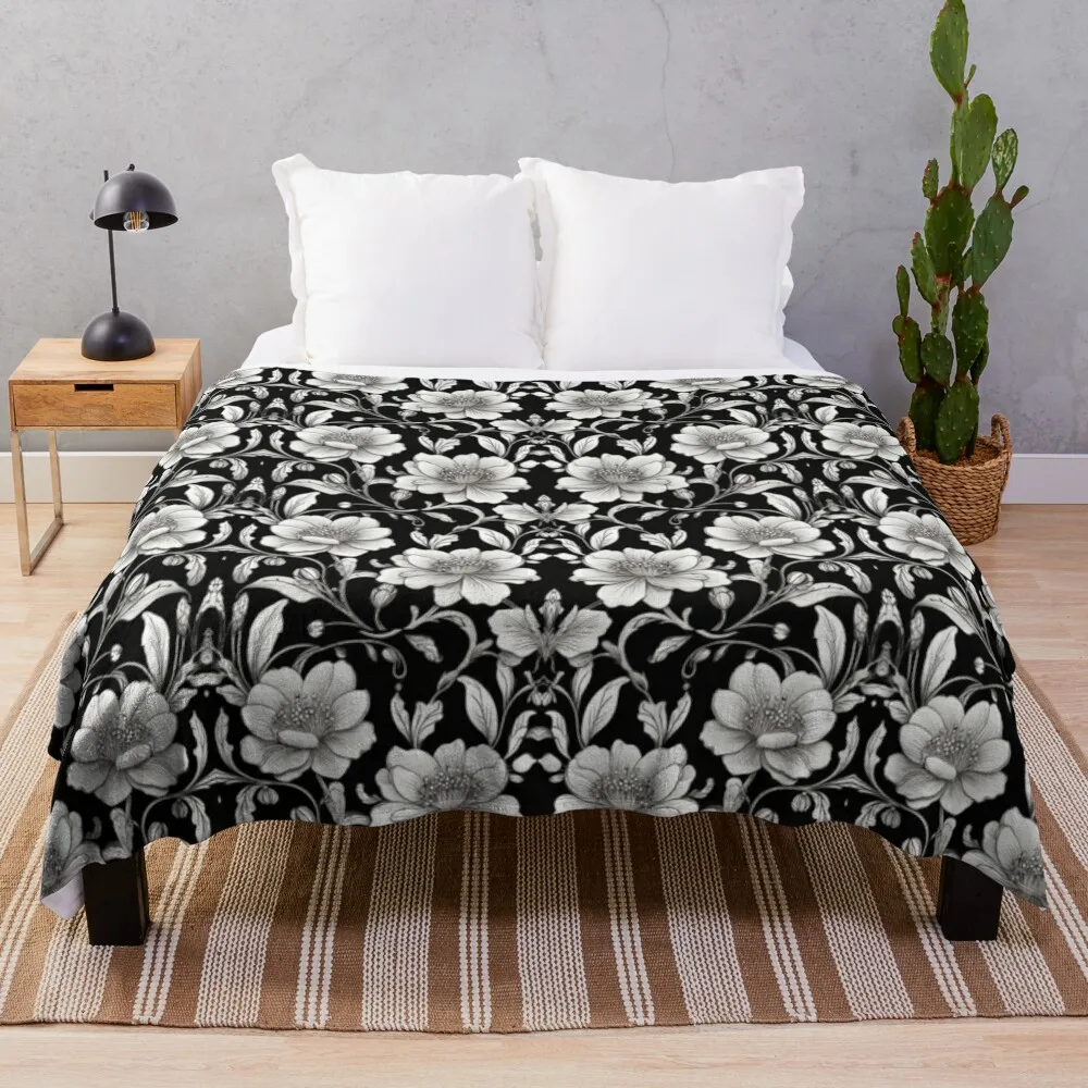 

White flowers on black Throw Blanket Giant Sofa Soft Plaid Summer Sofa Blankets