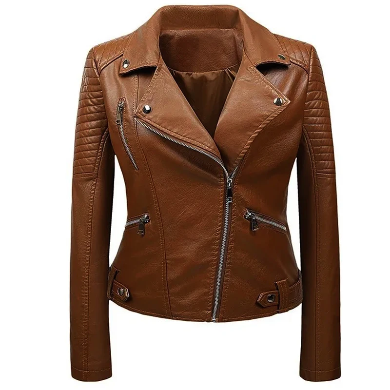 เสื้อแจ็คเก็ตคอปกสั้นสำหรับผู้หญิง หนัง PU สไตล์ไบค์เกอร์ ฤดูใบไม้ผลิ ฤดูใบไม้ร่วง รุ่นเกาหลี ทรงเข้ารูป สไตล์ฮาราจูกุ แฟชั่นนักเรียน เสื้อคลุม