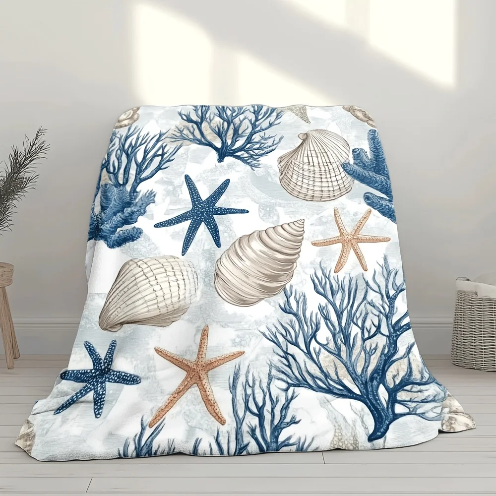 Cobertor costeiro ultramacio – Design de fuga oceânica bege azul marinho com estrela do mar e conchas, para sofá, sala de estar, praia