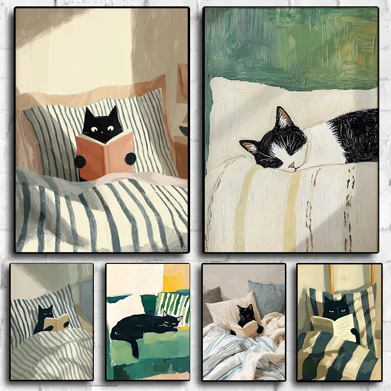Impresión de Gato Leyendo – Decoración de Pared de Gato Negro, Póster Acogedor para Dormitorio, Ilustración de Gato Amante de los Libros, Impresión de Gato en la Cama, Decoración de Lectura, Regalo