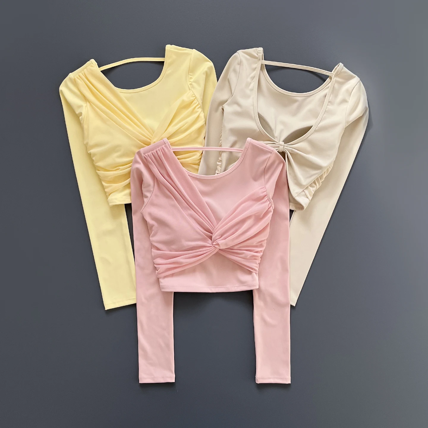 Women Front Twist Crop Long Sleeve Yoga Top Back Strap Slim Quick Dry Breathable Running Fitness Sports Tee ****