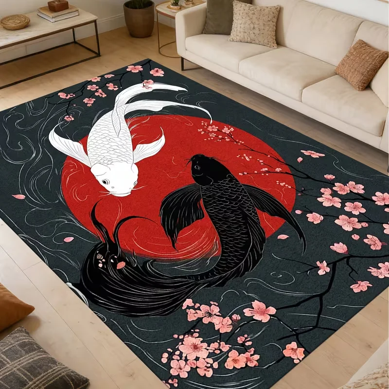 Koi Fish Cherry Blossom Area Rug Oriental Yin Yang Print Soft Floor Mat New Chinese Decor Carpet For Living Room Tea Room Decor
