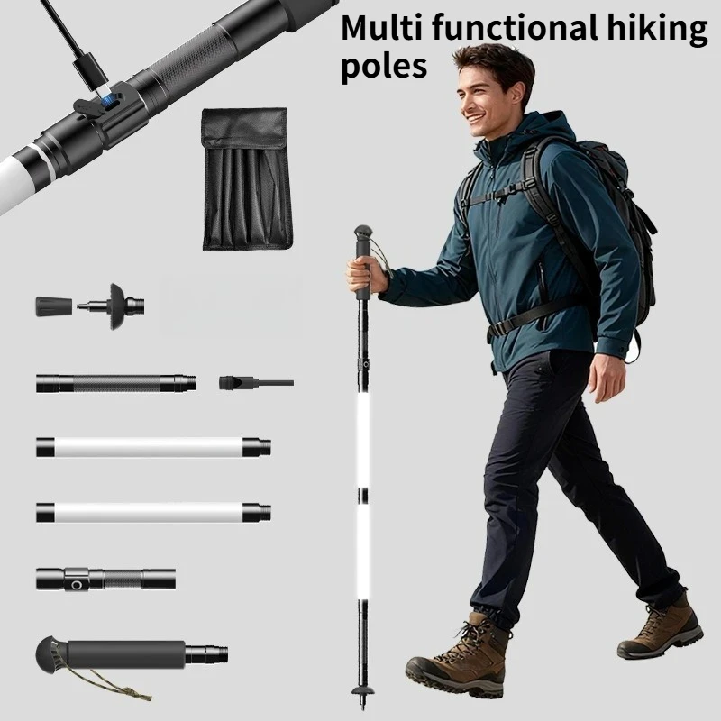 

NEW Multi Functional Aluminum Alloy Foldable Illuminated Hiking Cane Portable Charging Hiking Cane with Light Outdoor EDC Tool