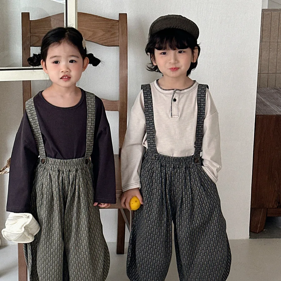 Pants 2026 Spring and Summer New Childrens Clothes Korean Style Boys and Girls Sen Tie Retro Cotton Strap Wide Leg Pants