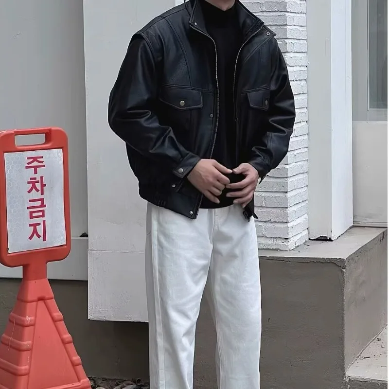 

Fall Winter Large Size 250 Pou American Sle Stand Collar Leather Jaet Men's Cool Motorcycle PU Leather Cardigan Coat