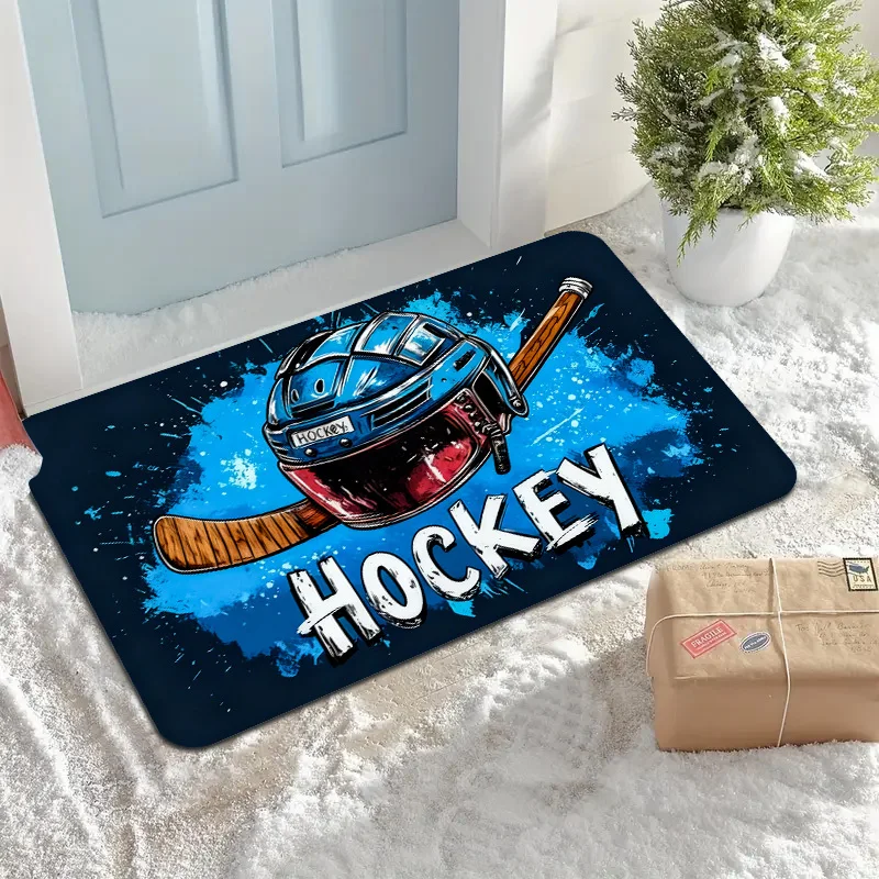 Ice Hockey Door Mat, Helmet & Stick Pattern, Blue Sports Welcome Rug, Non-slip Entrance Floor Mat, Boy Room Decor