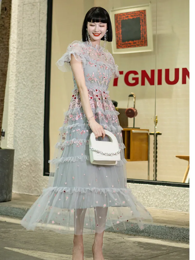 Runway Designer Luxury Summer Dress Long For Women Retro Mesh Stitching Floral Embroidery Slim Elegant Holiday Maxi Dress