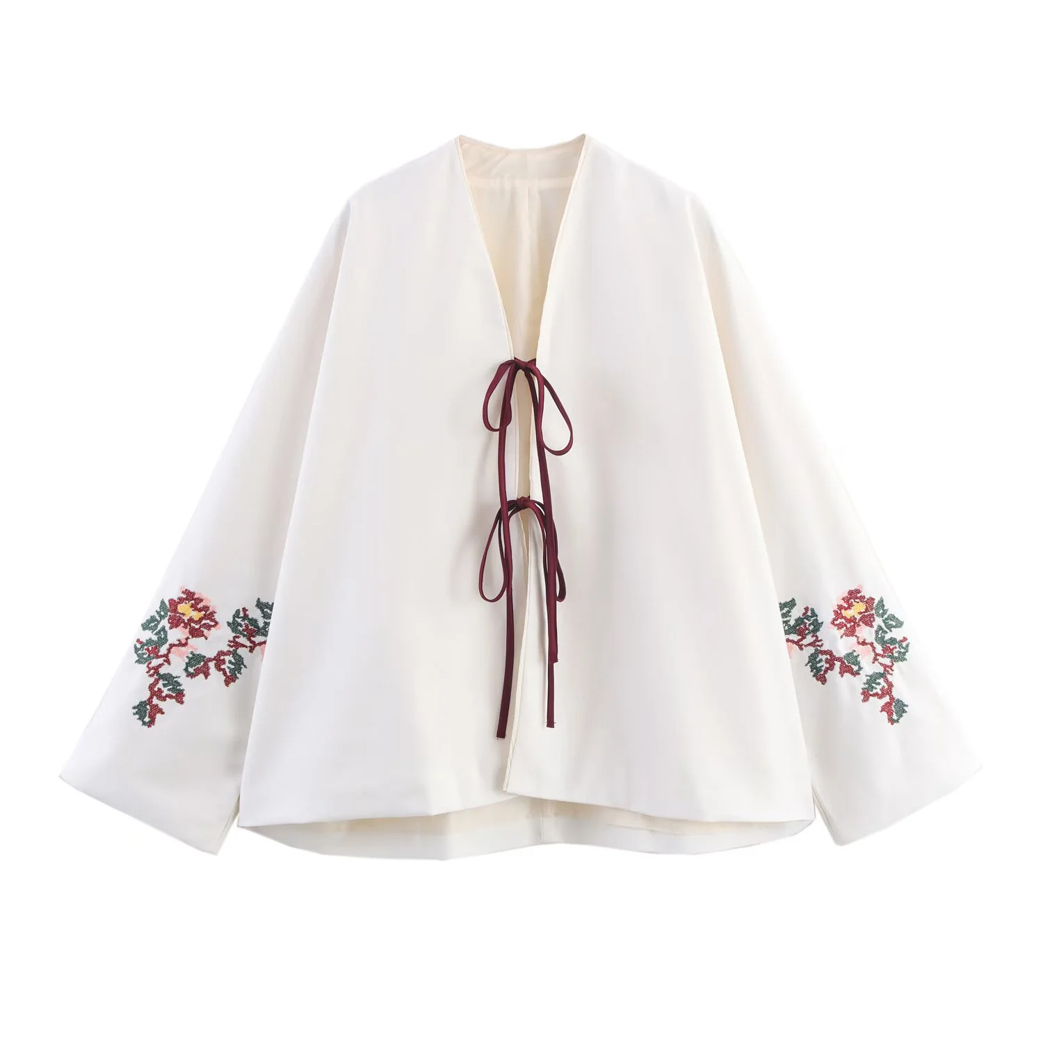 

PB&ZA2025 autumn new women's casual fashion simple versatile loose embroidery long-sleeved V-neck bow tie top