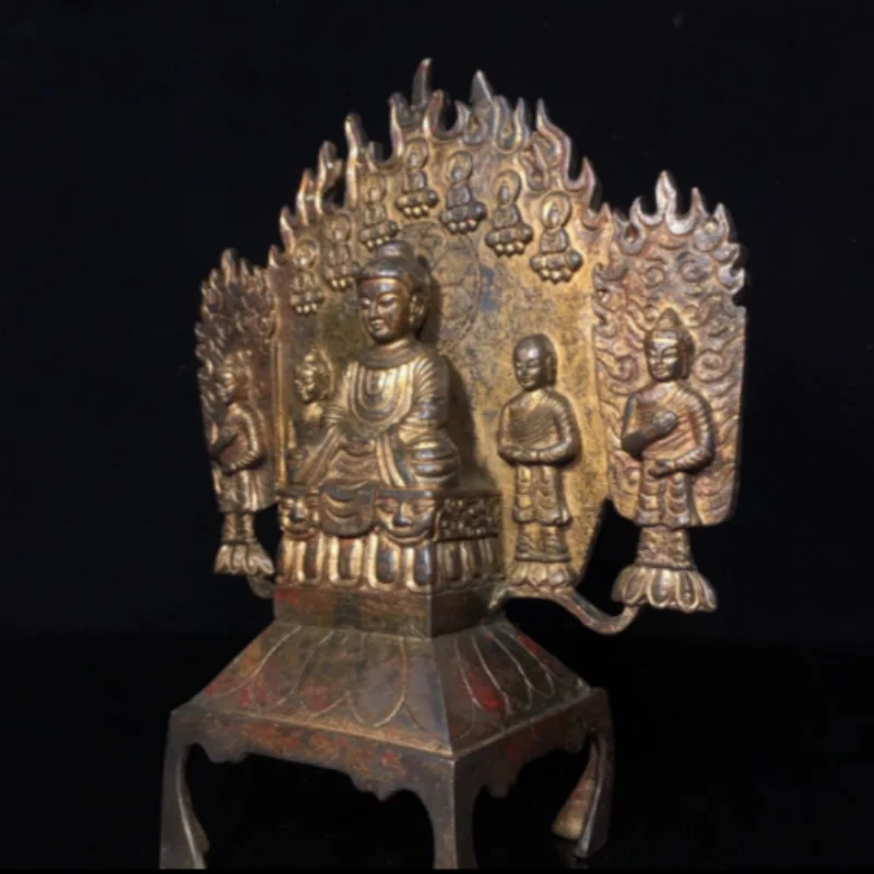 Antique North Wei Style Bronze Gilt 5 Buddha Sculpture, Chinese Buddhist Altar Feng Shui Statue for Home Office Decor and Gift