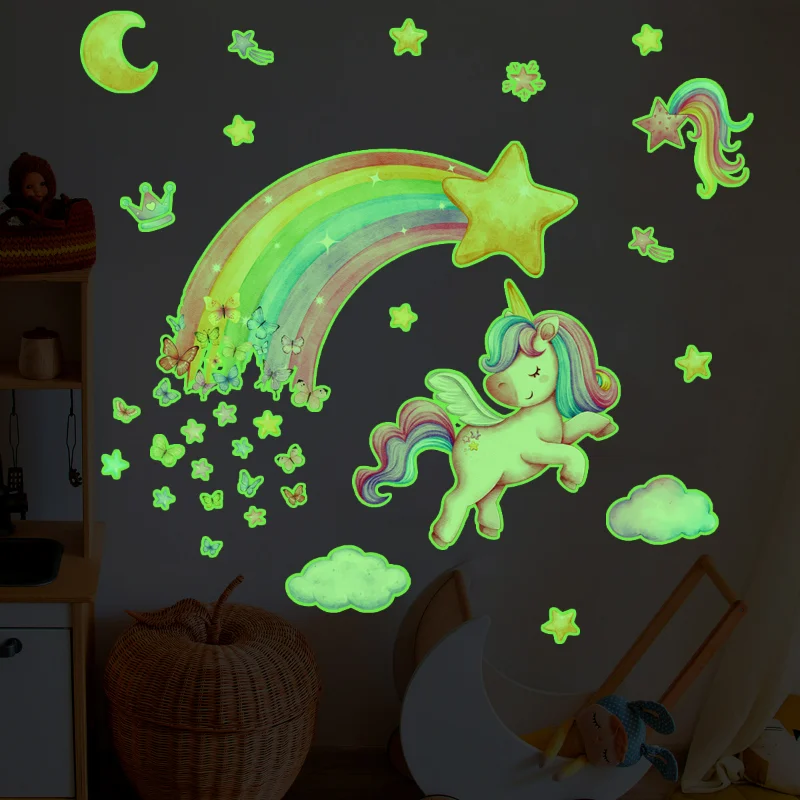 Stars Shine In The Dark Stickers Rainbow Unicorn Stars Wall Phosphorescent Sticker Baby Bedroom Fluorescent Night Light Sticker