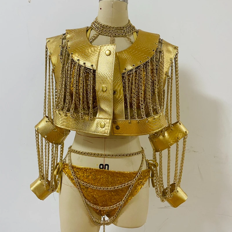 

Golden Jacket Hollow Chain Clothing Stage Performance Costume Singer Women's Leather DJ Bar Fashion Party Walk The Show