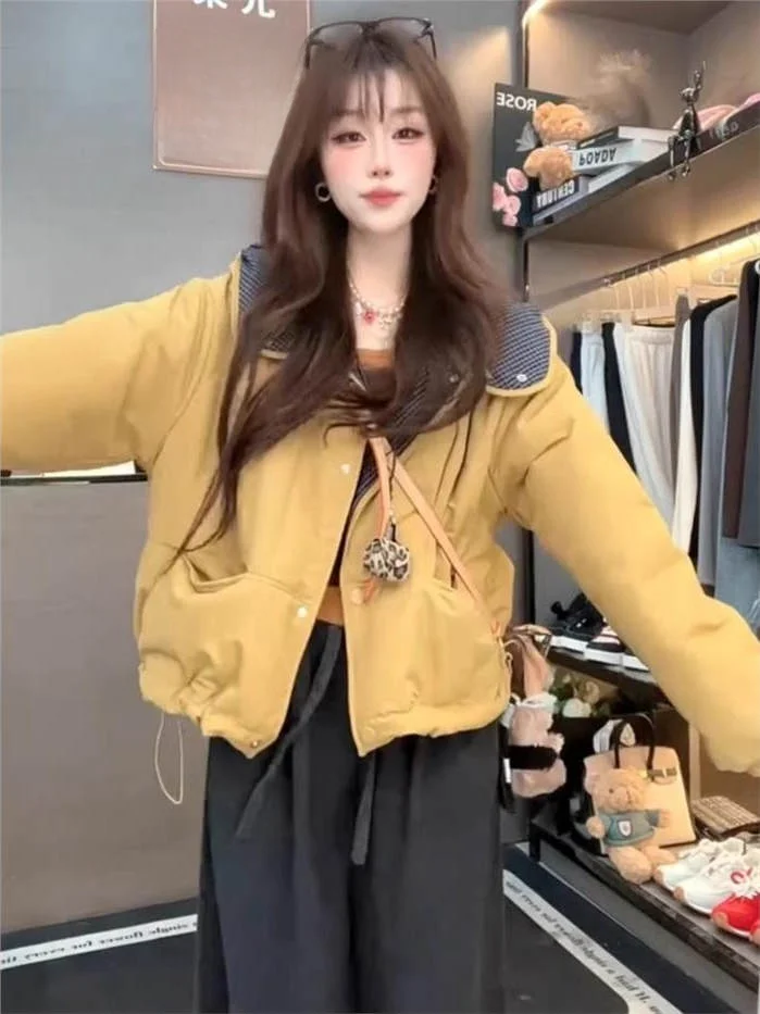 

Женская укороченная хлопковая куртка с капюшоном в стиле колор-блок, осенне-зимняя, новая модная молодежная повседневная теплая хлопковая куртка с завязками