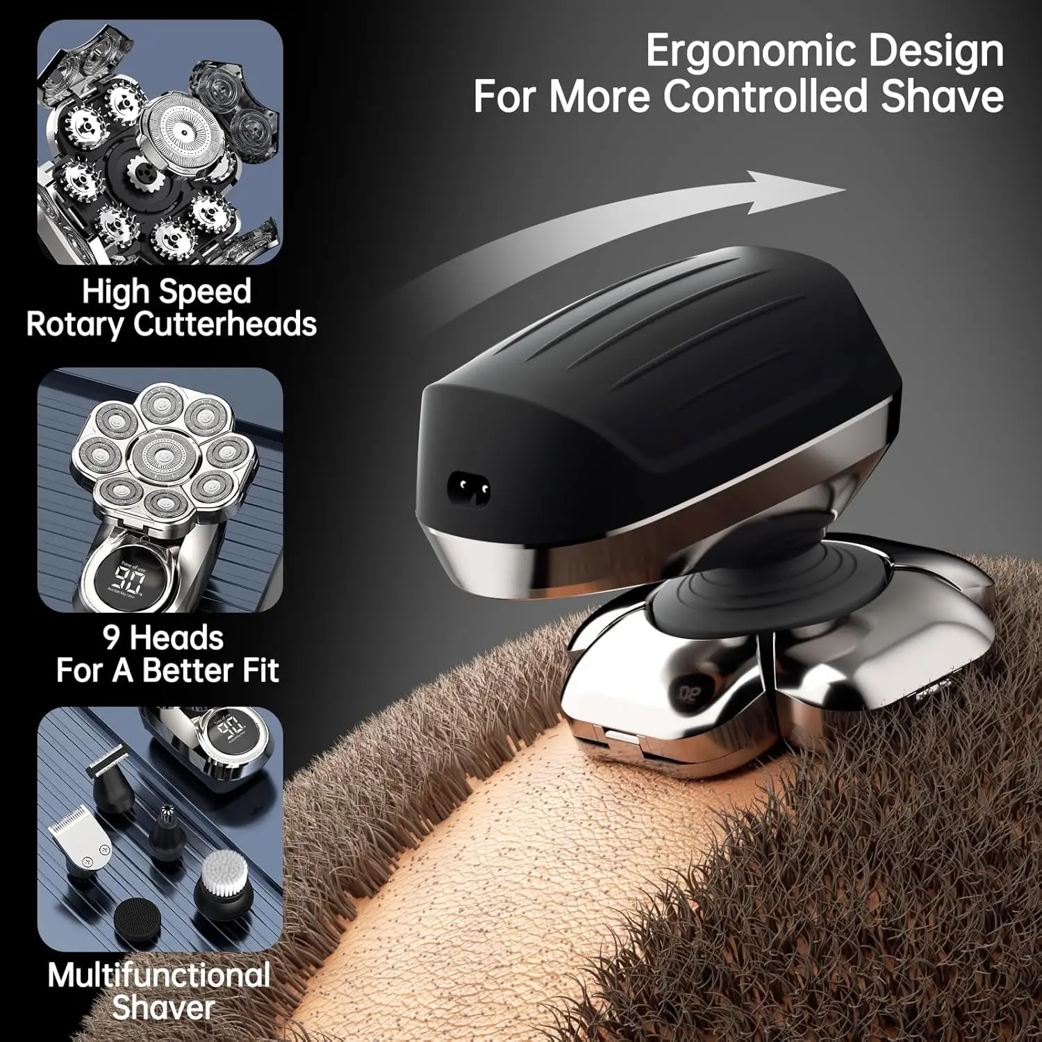 9D Bald Razor Men's Electric Skull Razor Bald Shaver IPX7 Waterproof LCD Display 6-in-1 Nasal Hair Trimmer Men Electric Shaver