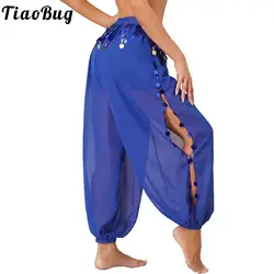 Women's Belly Dance Costume Coin Lantern Pants Side Split Sequin Shiny Harem Pants Arabic Halloween Trousers Dancing Costume