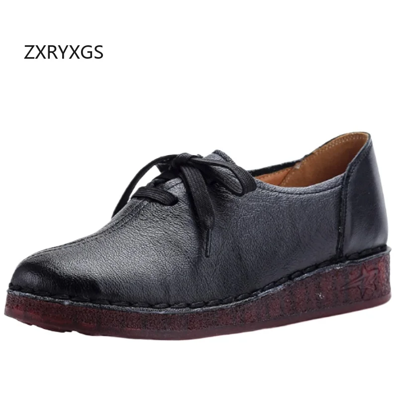 ZXRYXGS Promotion 2026 Spring New Lace-up Genuine Leather Shoes Flat Heel Soft Sole Comfortable Casual Sneaker Women Trend Shoes