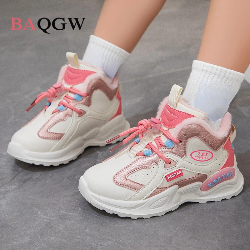 Winter Plush Sport Shoes For Children PU Leather Printed Boys Girls Running Tennis Footwear Faux Fur Velvet Children's Sneakers