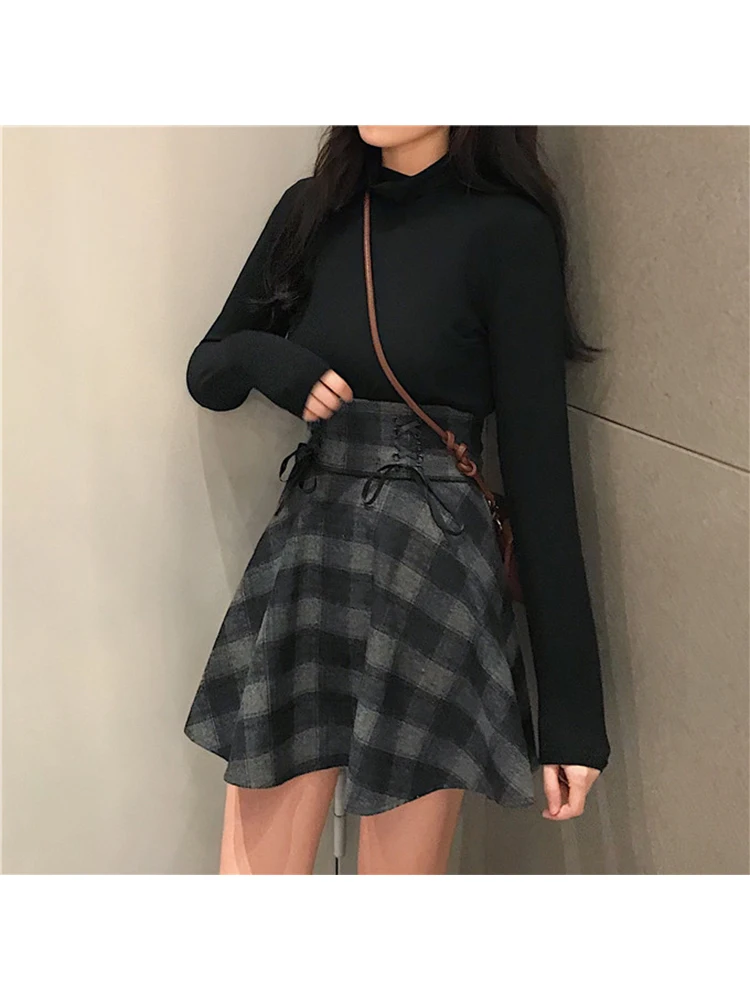 Women Plaid Mini Skirt Y2k Dark Grey A-Line Skirts Harajuku Korean Vintage 90s Lace-up High Waist Skirt Emo 2000s Trashy Clothes