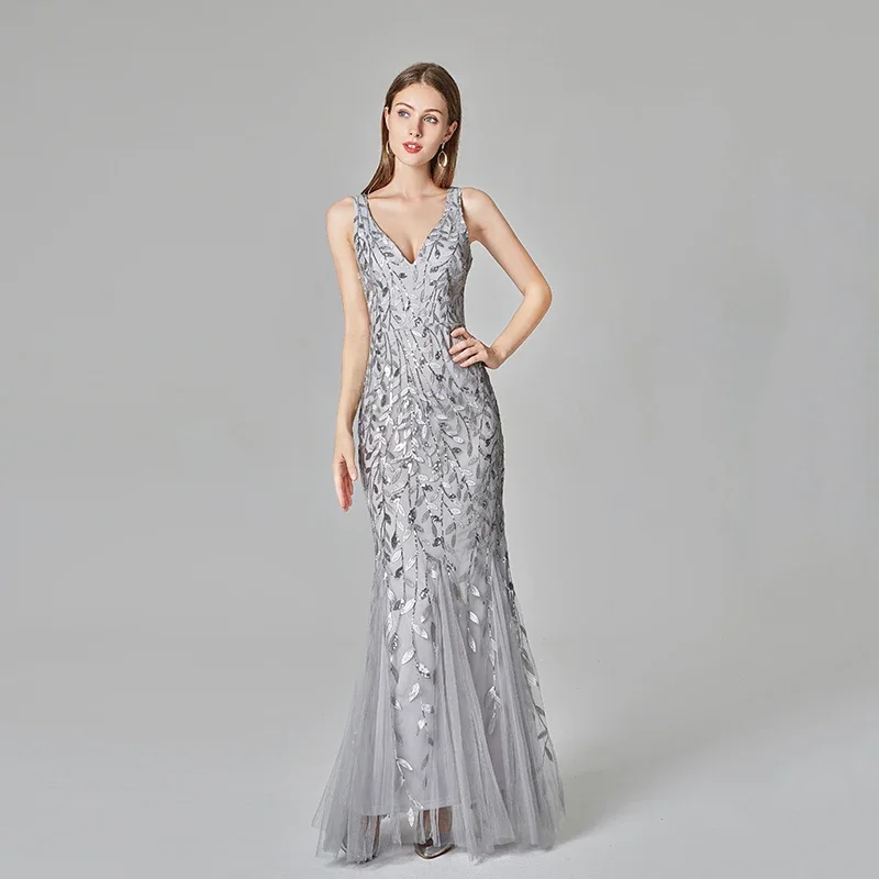 Silver Gray Elegant Fashion Evening Dresses Sexy Simple V Collar Open Back Sleeveless Embroidered Beads Fishtail Dress Gown Robe