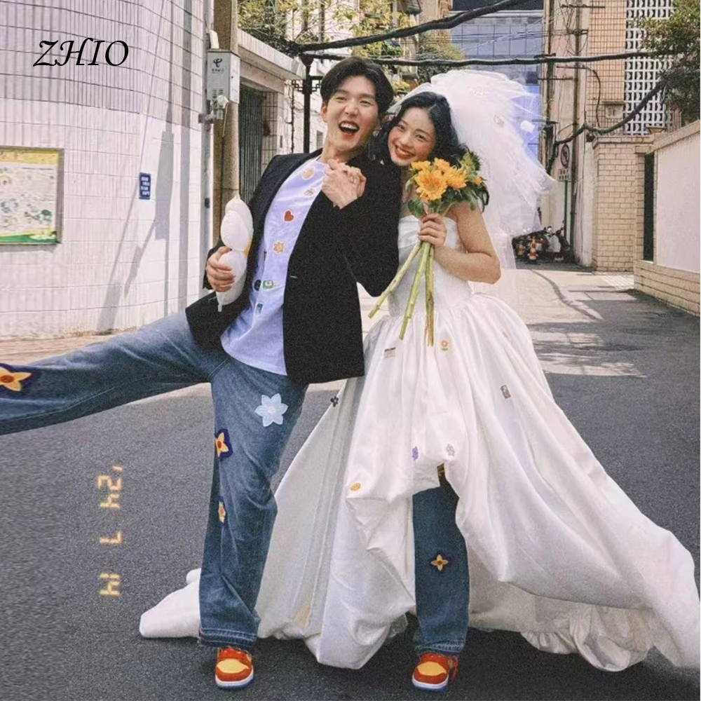 ZHIO ที่กําหนดเองเกาหลีชุดแต่งงาน A-Line ซาตินไม่สมมาตรรัดตัวจีบชุดเจ้าสาวถ่ายภาพชุดปาร์ตี้ชุด