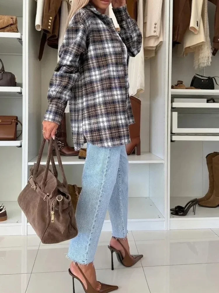 

Elegant Vintage Lapel Loose Outwear Lady Autumn Winter New Single Breasted Coat Casual Checkered Color Blocked Long Sleeve Shirt