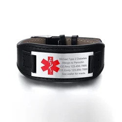 Multi Functional Medical Alarm Leather Wristband Adjustable QR Code Free Customization Emergency ID Information Stainless Steel