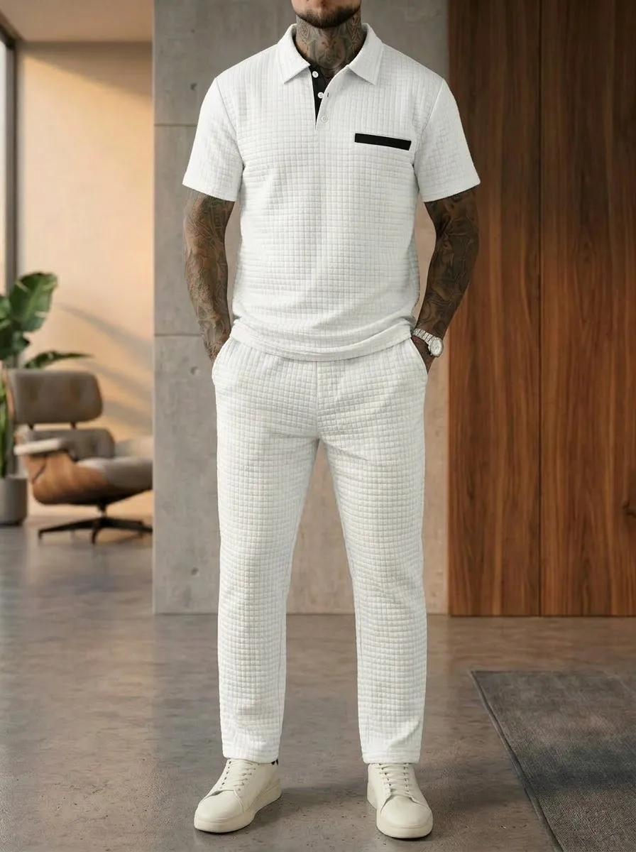 

Summer men's business suit with checked lapel, pocketed, stylish and casual plain-colored short-sleeved long pants