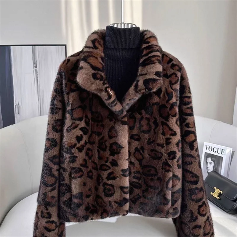 Leopard-print Fur Coat Women's Short Mink Fur Jacket Autumn Winter Stand-up Collar Thicken Casual Outerwear Faux Fur Overcoat