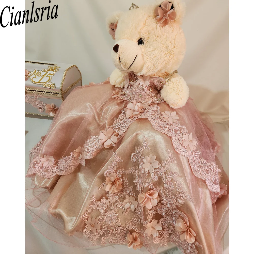 Personalized Quinceanera Teddy Bear Dresses 3D Floral Pink Custom Make Infany Mini Quinceanera Dress