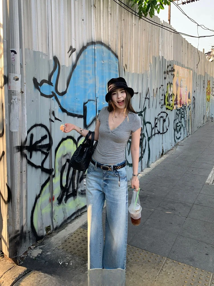 

Джинсы Xzichic Vintage Heavy Du Waed из денима для женщин, с молнией YKK, повседневные, прямые, широкие, длинные брюки из хлопка, с завышенной талией