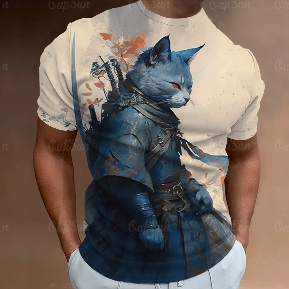 Samurai Cat T-Shirts For Men 3d Print Men'S Clothing Street Designer Short Sleeved Tops Tees Oversized T-Shirt Casual Sweatshirt