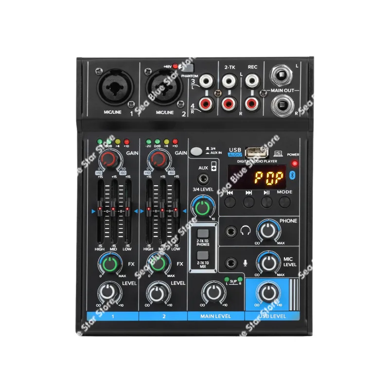Mixer 4-way small USB computer sound card Mixer with MP3 Bluetooth EQ Reverb Home Band Recording Mixer
