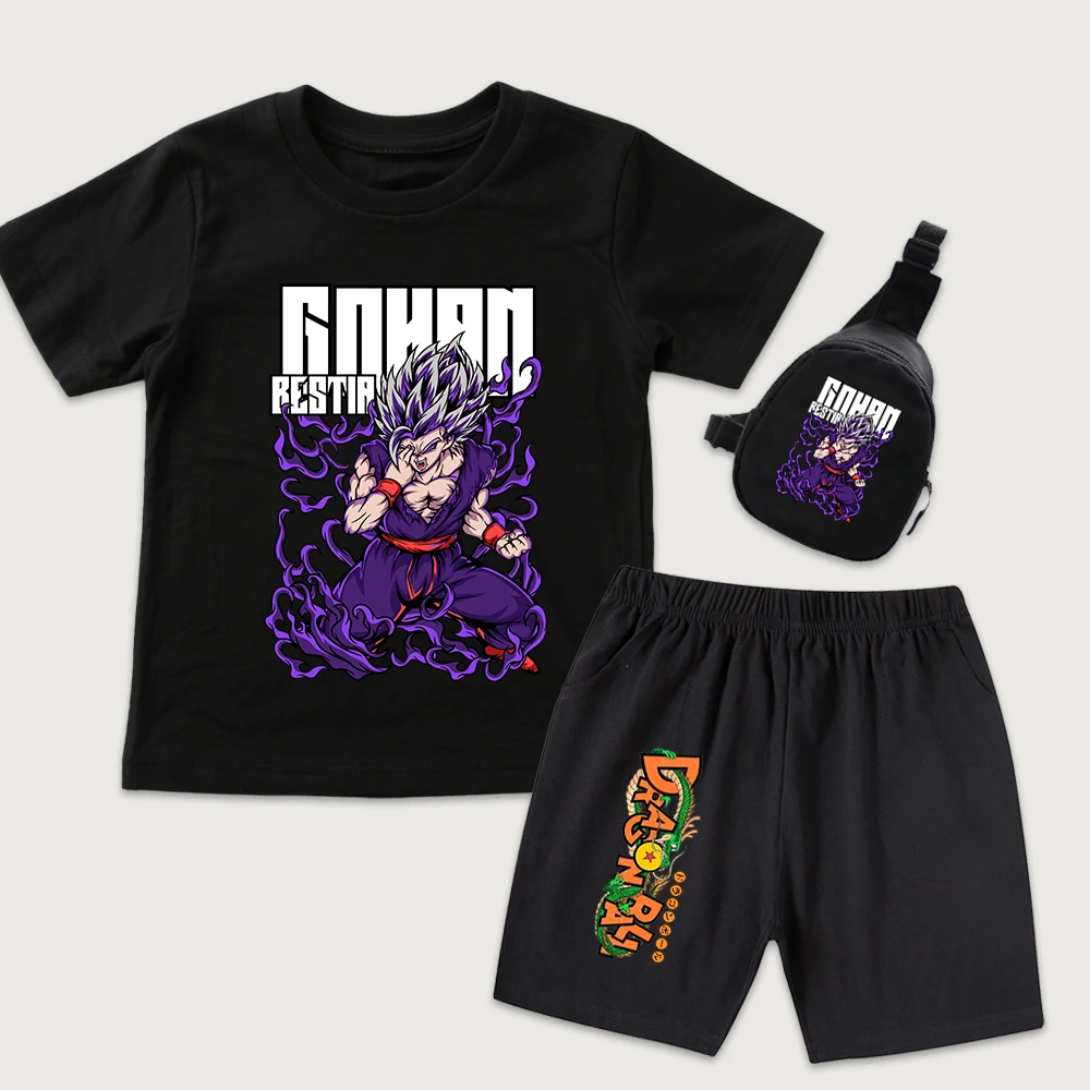 Dbz Gohan Bestia Anime Print Kids Cotton T Shirt Shorts Mini Chest Bag 3 Piece Set for Boys Girls Casual Summer Outfit