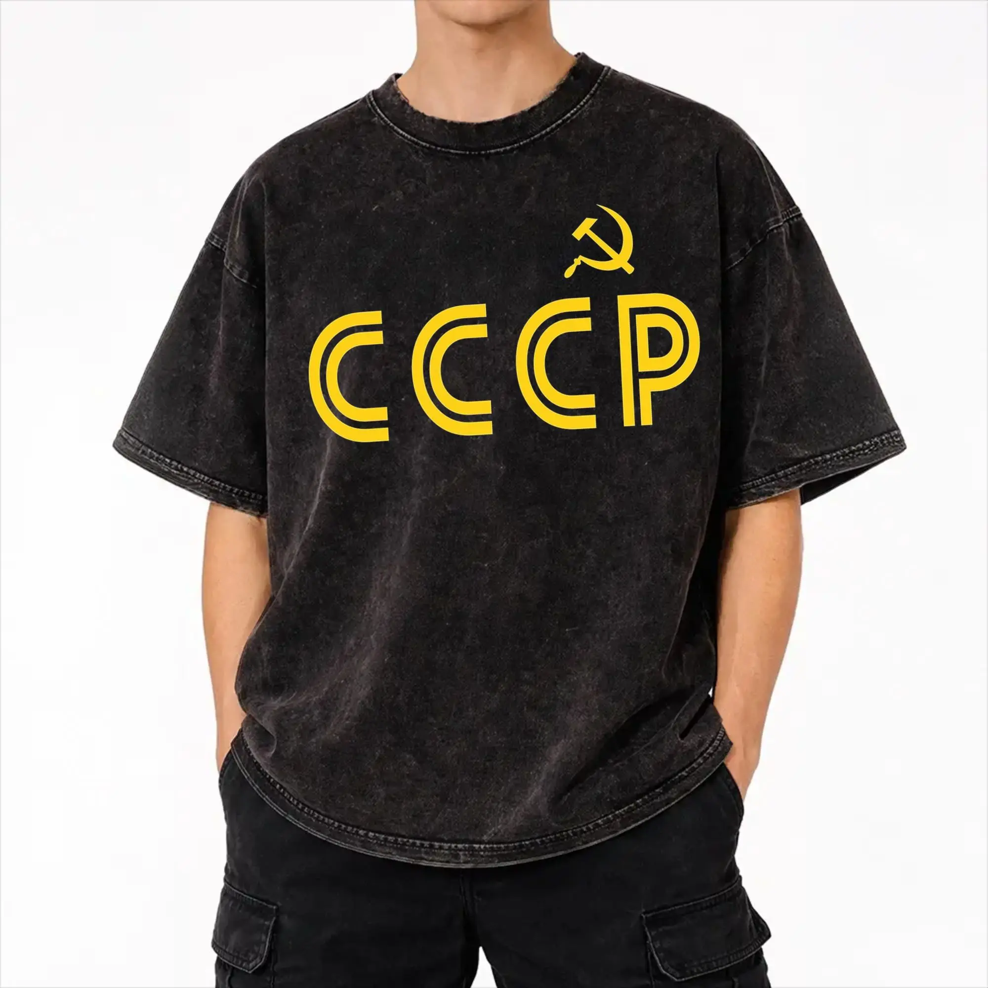 Harajuku Washed Shirt Retro Soviet CCCP  Accessories Vintage T Shirt Oversize  Streetwear Short Sleeve Printed Tees
