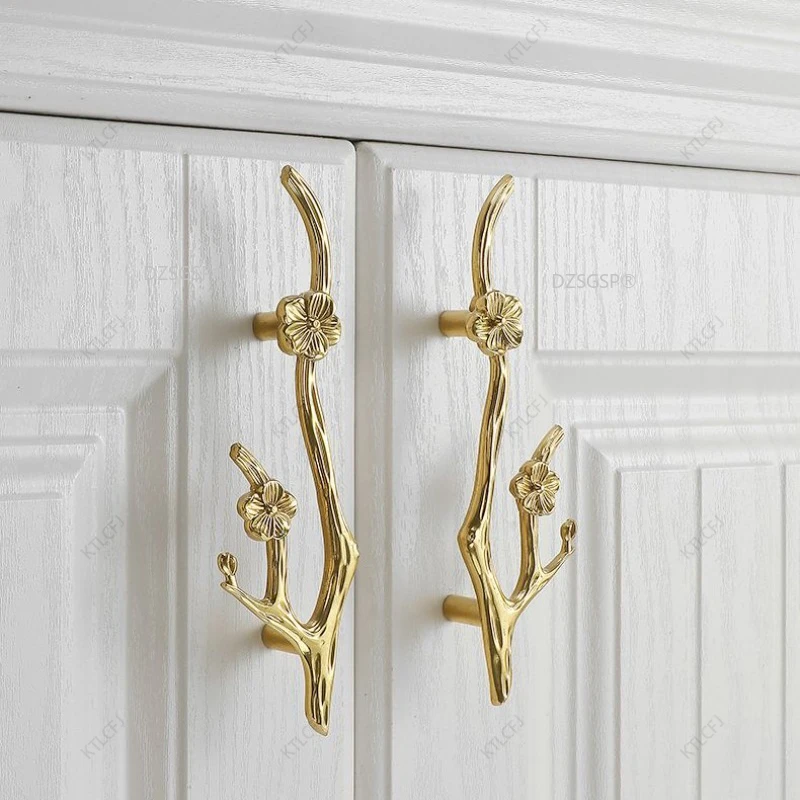 Cajón de latón de un solo orificio de lujo ligero, rama creativa, manija de cobre, Estilo Vintage europeo, manija de cobre puro francés