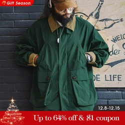 Maden Men's Retro Multi-pocket Safari Jacket Green Loose Corduroy Lapel Classic Coat Versatile Outerwear for Spring and Autumn