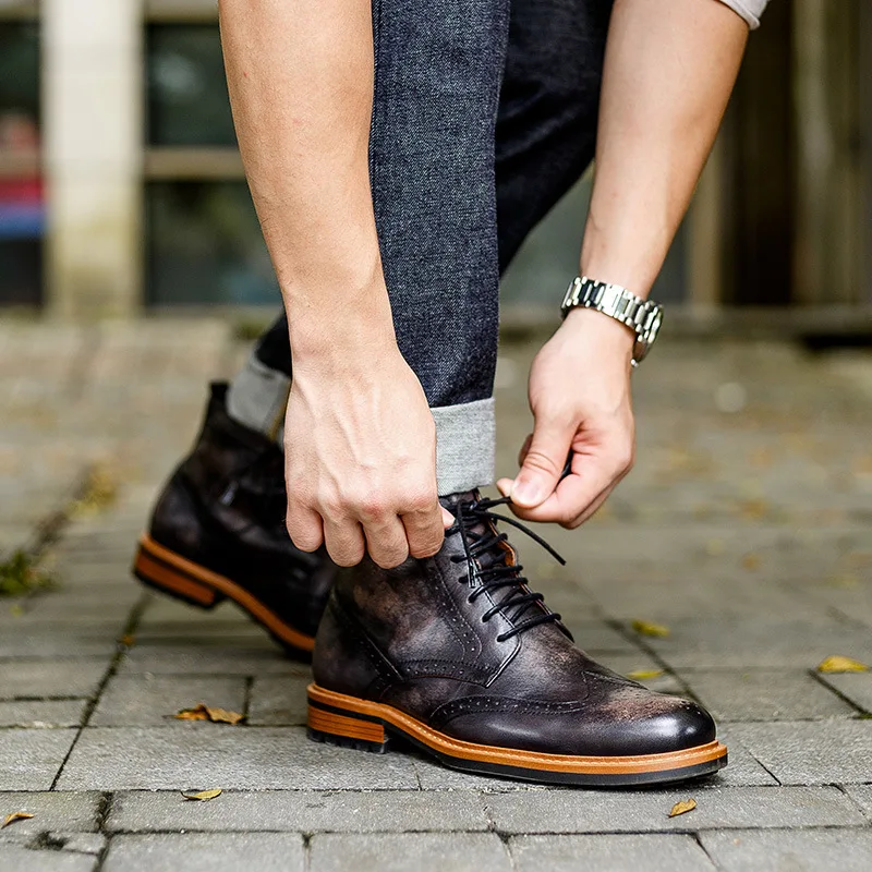 Italian Men Business Boots Luxury Genuine Leather Quality Handmade Fashion Retro Chelsea Ankle Wedding Social Party Shoes Man
