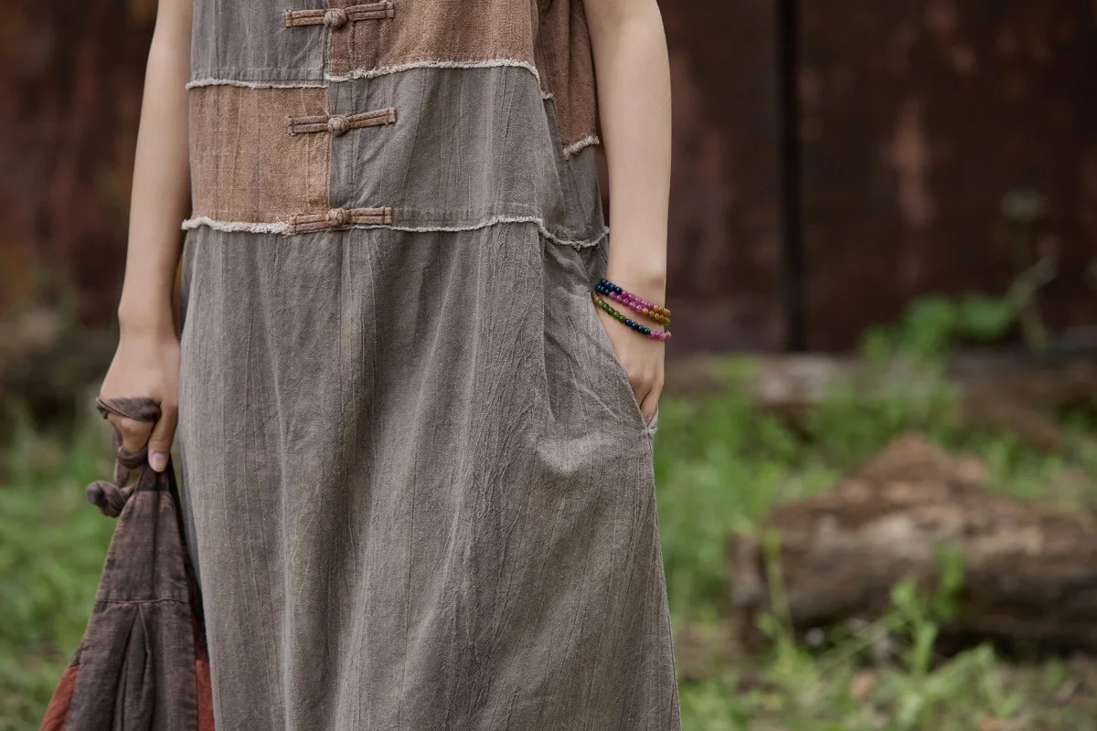 Autumn Linen-Ramie Blend Tie-Dye Long Dress: Original Designer Flowy Halter