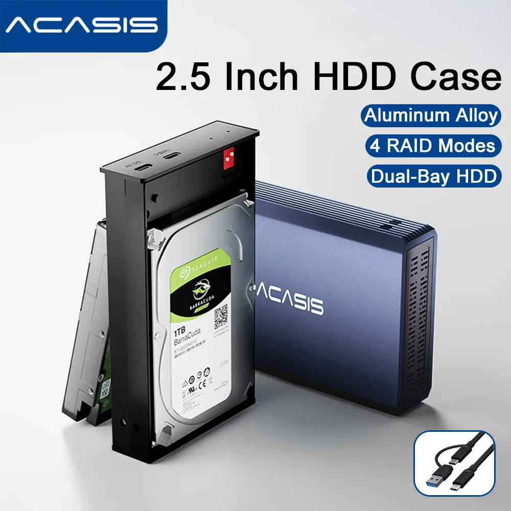 ACASIS Dual Bay 2.5 Inch External Hard Drive Enclosure With 4 RAID 2.5" HDD Case Dock for 2.5" SATA SSD/HDD Support RAID/JBOD